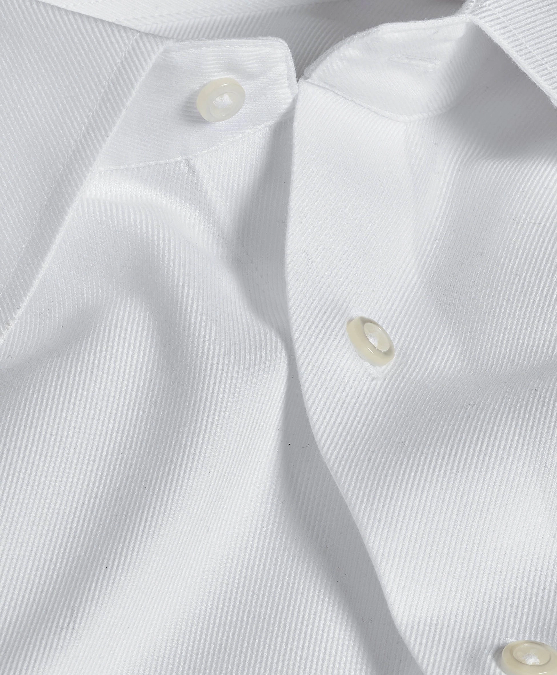 Close view of a white non-iron twill collar with a pearl button