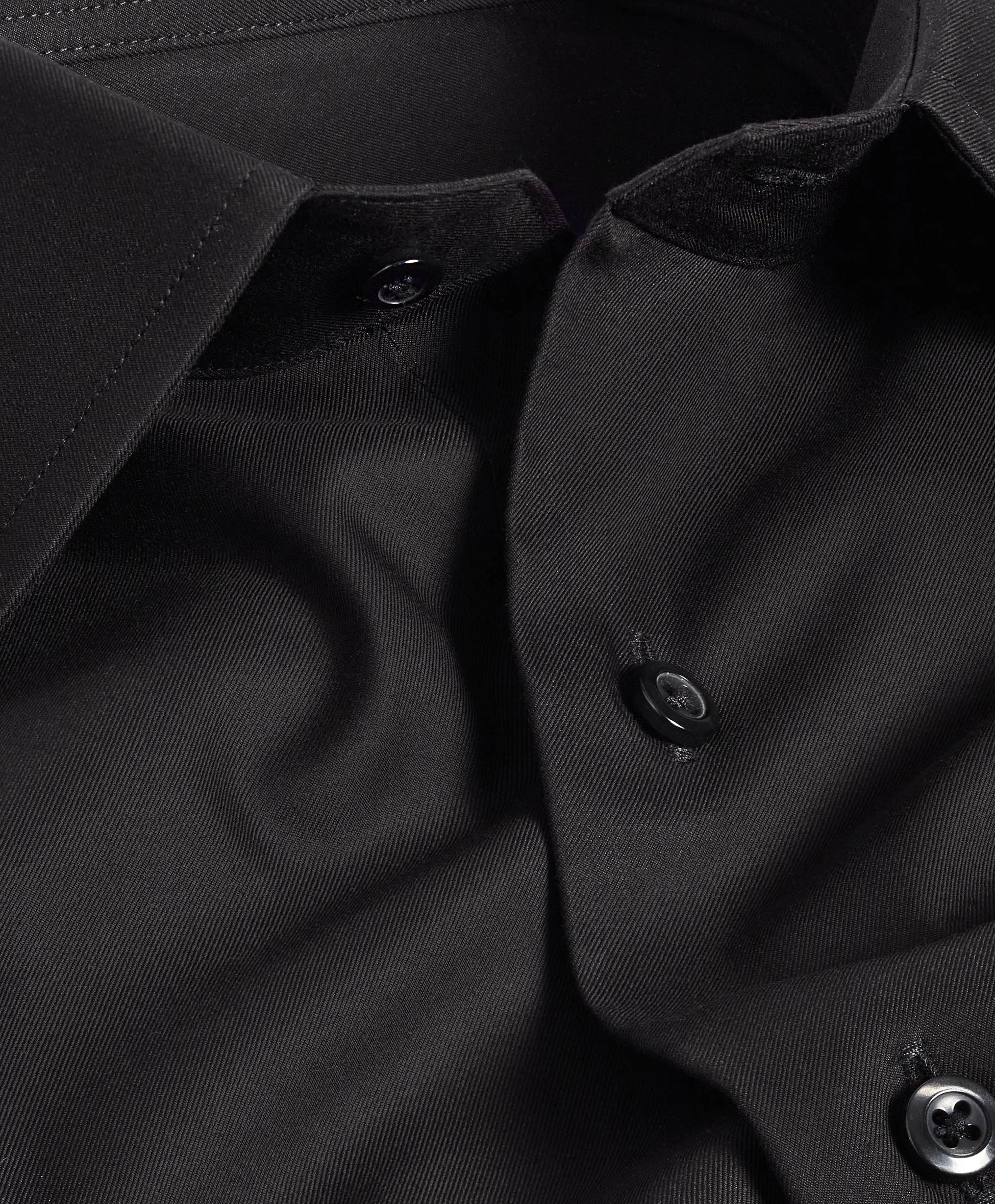 Close view of a black twill collar and placket