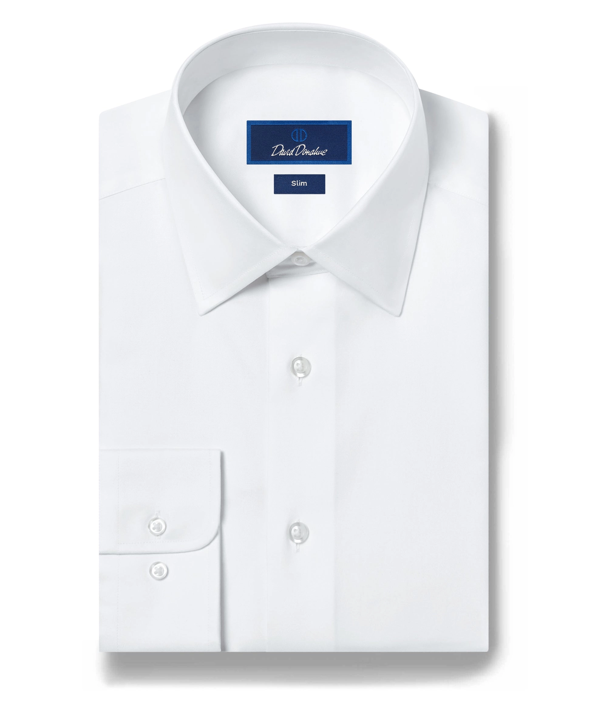 A white dress shirt laid flat with a pocket-free front